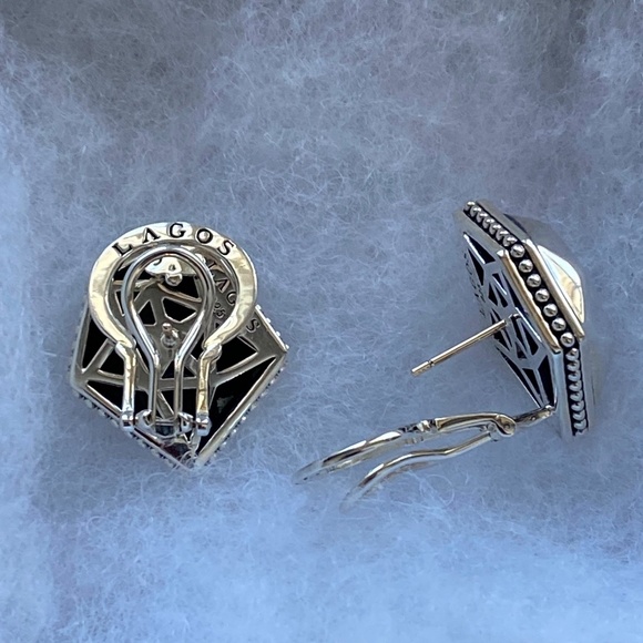 RARE!  LAGOS Caviar Sterling Silver Angled Rocks Stud Earrings, 26mm Long. - Picture 3 of 5